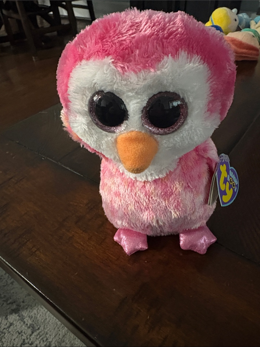 Ty Pink and White Beanie Boo Penquin with Orange Beak and Sparkly Pink Feet